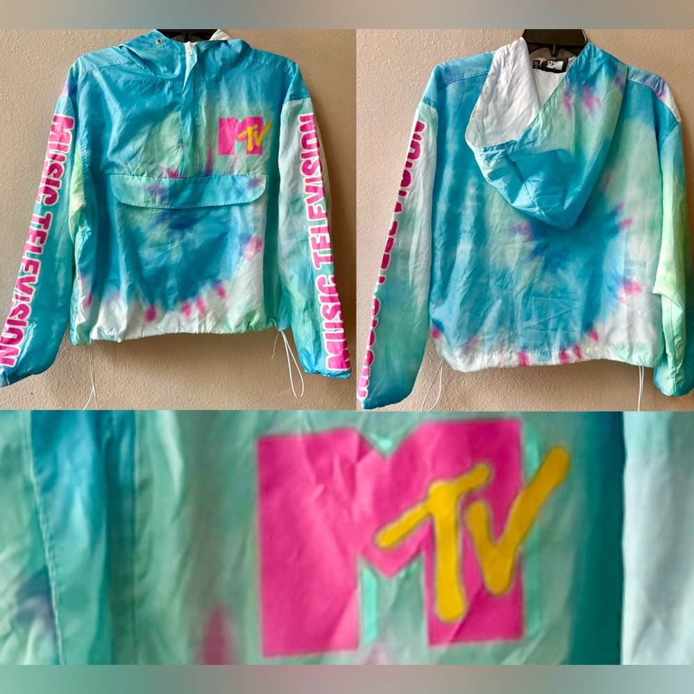MTV MUSIC TELEVISION TIE DYE PULLOVER WINDBREAKER JACKET JUNIORS SIZE M